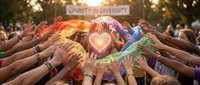 Young diverse people joining hands together in circle with glowing heart and rainbow light effect at outdoor community event, symbolizing unity, diversity, and togetherness for social causes.