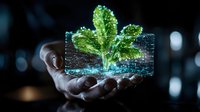 Glowing green plant hologram floating above open palm against dark background with bokeh lights, representing future technology and environmental innovation.