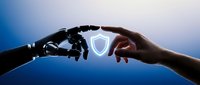 Robotic hand and human hand reaching toward glowing shield symbol representing AI cybersecurity protection and digital safety collaboration.
