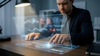 Businessman analyzing cybersecurity threats on futuristic holographic laptop display with warning alerts and data visualization in modern office environment.