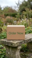 Cardboard box with Order Now text on a stone garden bench, surrounded by lush greenery, symbolizing eco-friendly online shopping and delivery.
