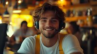 Young Caucasian man with beard wearing headphones and white t-shirt smiling at camera in cozy cafe with warm lighting atmosphere. Casual lifestyle portrait for music and leisure concepts.