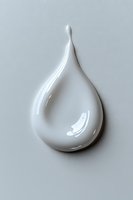 White glossy drop shape on light gray background, featuring smooth curves and reflective highlights. Clean minimalist cosmetic product design element.