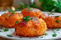 Crispy baked sweet potato cakes garnished with fresh parsley on white plate, close up view showing golden brown crust and fluffy interior. Perfect appetizer.