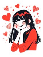 Cute anime style girl with long black hair blushing and smiling dreamily, surrounded by red hearts on white background, romantic mood illustration.