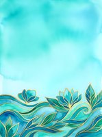 Turquoise watercolor background with ornamental gold leaf botanical border design, featuring decorative lotus flowers and flowing foliage elements for elegant invitations and creative projects.