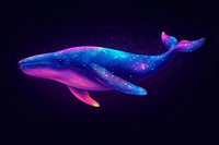 Cosmic whale floating in space with galaxy patterns and stars, glowing in vibrant neon blue and pink colors against dark background, mystical underwater creature.