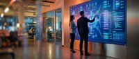 Business professionals analyzing data visualization on large interactive display screen in modern corporate office environment for strategic planning.