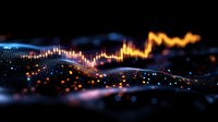 Glowing orange and blue financial chart with stock market data visualization on dark background showing dynamic market trends and analysis.