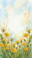 Watercolor dandelion meadow with yellow blooms and flying seeds on soft pastel background, copy space for greeting cards and posters.