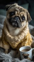 Adorable pug dog wearing cozy knit sweater sitting with coffee mug featuring pug design. Cute pet portrait for winter holiday greeting cards and merchandise.