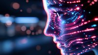 Glowing profile silhouette with neon pink and blue particles, digital transformation concept showing artificial intelligence and machine learning technology advancement.