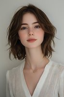 Young Caucasian woman with short wavy brown hair wearing white knit top and delicate necklace against light background, natural makeup and fresh complexion.