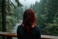 Young woman with vibrant red hair gazing at misty forest landscape and river from wooden deck railing, wearing dark sweater in moody atmospheric scene.