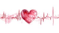 Watercolor heart with electrocardiogram line on white background, red heartbeat pulse rhythm. Medical cardiology art for healthcare design and valentines cards.