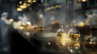 Scientific laboratory glassware containing golden liquid with magical glowing particles, blurred researchers working in background, dramatic lighting creates mystical atmosphere.