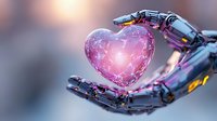 Robotic hand holding glowing pink heart with constellation pattern and network connections, representing artificial intelligence and emotional technology.