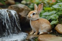 Adorable ginger rabbit sitting on rocks near waterfall in lush garden setting, soft fur and alert expression against natural landscape background.