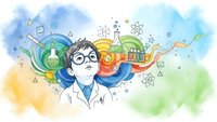 Young male scientist in lab coat with glasses surrounded by colorful watercolor splash and scientific symbols representing chemistry education and research.