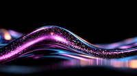 Abstract flowing wave with glowing neon pink and blue light trails against black background, sparkling particles create magical energy effect.