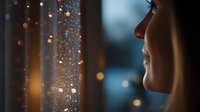 Smiling young woman looking through rainy window with glowing bokeh lights creating magical evening atmosphere. Cozy winter mood for seasonal designs.