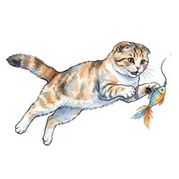 Tabby cat with folded ears pouncing on colorful toy fish, isolated on white background. Perfect for pet supplies, greeting cards, children's books, and feline-themed designs.