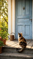 Calico cat sitting on rustic wooden porch with blue weathered door, potted plants and watering can creating cozy farmhouse entrance scene.
