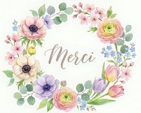 Watercolor floral wreath with Merci text featuring spring flowers, anemones, ranunculus, tulips and eucalyptus leaves on white background for greeting cards.