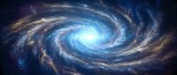 Spiral galaxy with glowing blue core and golden dust lanes swirling through deep space, featuring bright stars and cosmic nebula clouds for astronomy and science backgrounds.
