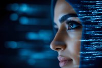 Close-up profile of woman with digital code projection on face against dark blue background, representing technology and artificial intelligence.