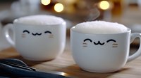 Two adorable white ceramic coffee mugs with cute kawaii faces sitting on wooden table with warm bokeh lights in cozy cafe atmosphere for morning beverage enjoyment.