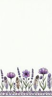 Watercolor purple wildflowers, lavender sprigs and feathers on white background with boho tribal border, copy space for text.