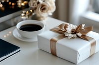 Elegant white gift box with beige ribbon and flower decoration alongside coffee cup and notebook on white table with soft bokeh lights in background.