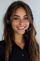 Young female customer service representative wearing headset and black polo shirt smiling warmly at camera, natural freckles and long brown hair.