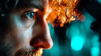 Close up profile portrait of young caucasian man with beard against turquoise bokeh background, dramatic lighting highlights ginger hair and blue eye.