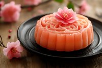 Pink floral mooncake with delicate ornamental pattern on black ceramic plate, decorated with fresh sakura blossoms on wooden surface. Traditional Asian dessert.