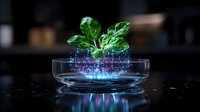 Green plant growing in glass bowl with glowing digital holographic base, futuristic agriculture concept showing innovative farming technology on dark background.