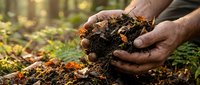 Hands holding rich organic compost with earthworms in garden setting. Natural fertilizer and soil amendment for sustainable gardening and agriculture.