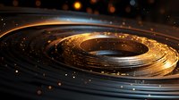 Glowing golden spiral with light particles and bokeh effects on dark background creates dynamic motion and energy flow. Suitable for tech presentations.
