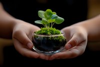 Hands gently holding glass bowl with small green plant growing in moss and soil layers. Environmental protection and sustainable growth concept.