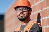 Hispanic construction worker wearing orange hard hat and safety vest stands confidently against brick wall background in bright sunlight, displaying professional expertise.