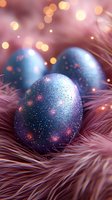 Glittering blue Easter eggs nestled in soft pink feathers with magical bokeh lights and sparkles creating dreamy holiday atmosphere.