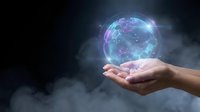 Hand holding glowing holographic Earth globe with purple and blue lights against dark smoky background for technology and environmental concepts.