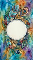 Watercolor boho feather frame with peacock plume and tribal patterns on colorful background. Decorative border for text, invitations, spiritual designs.