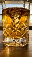Golden whiskey in crystal cut glass tumbler with ice cubes on wooden surface, luxury spirits and premium alcohol beverage for bar and restaurant use.