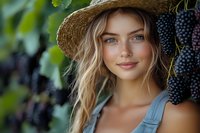 Young Caucasian woman in straw hat smiling at vineyard with ripe black grapes, wearing casual denim overalls on sunny summer day, natural beauty portrait.