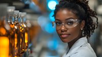 Young African American female scientist in lab coat and safety glasses smiling confidently in research laboratory with illuminated glass containers in background.