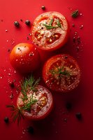 Fresh ripe tomatoes with dill and black peppercorns on red background. Sliced juicy vegetables seasoned with spices and herbs for cooking.