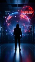 Cybersecurity expert silhouette analyzing global network threats with holographic world map displaying danger zones and critical security alerts in futuristic control room.