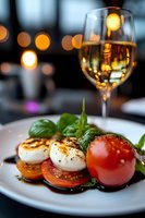 Caprese salad with fresh mozzarella, tomatoes and basil leaves drizzled in balsamic reduction, served with white wine against blurred city lights background.